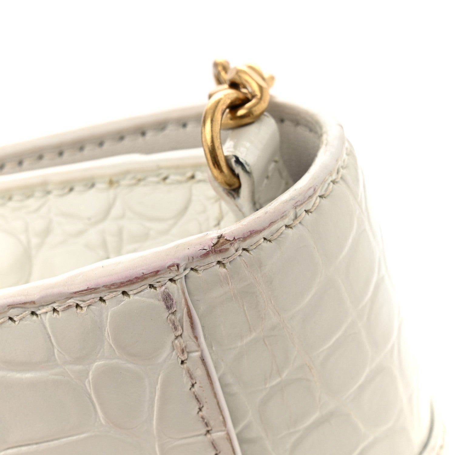 Shiny Calfskin Crocodile Embossed Hourglass Chain Bag White