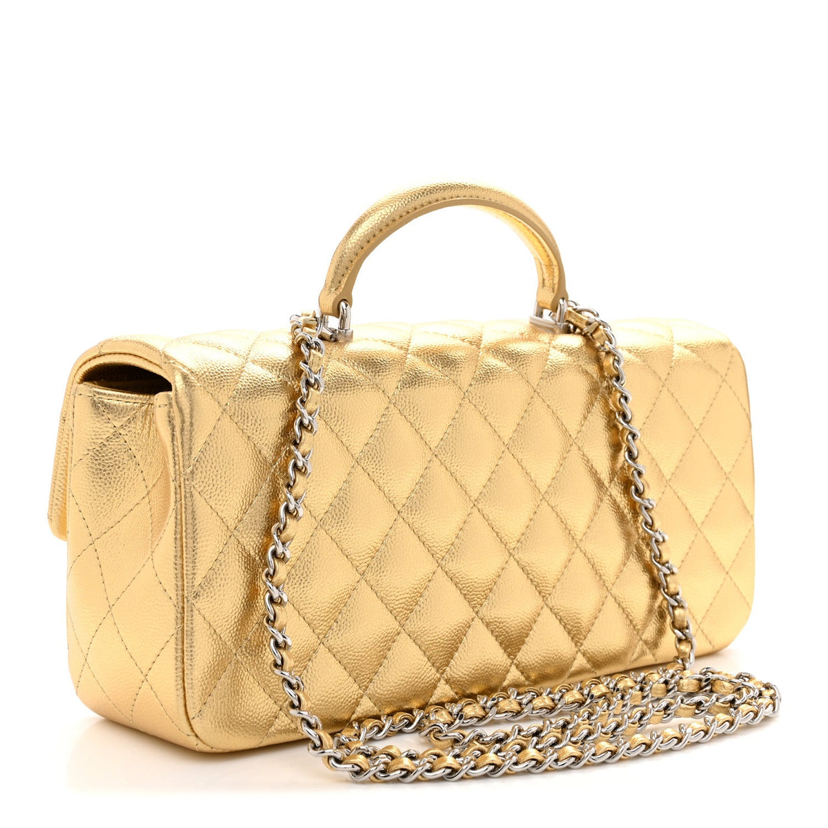 Metallic Caviar Quilted Top Handle East West Flap Gold
