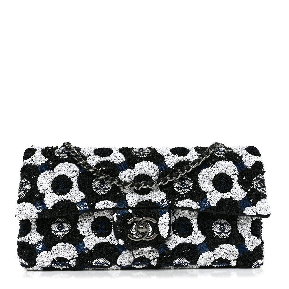 Satin Sequin Embellished Flower East West Flap Black White Blue