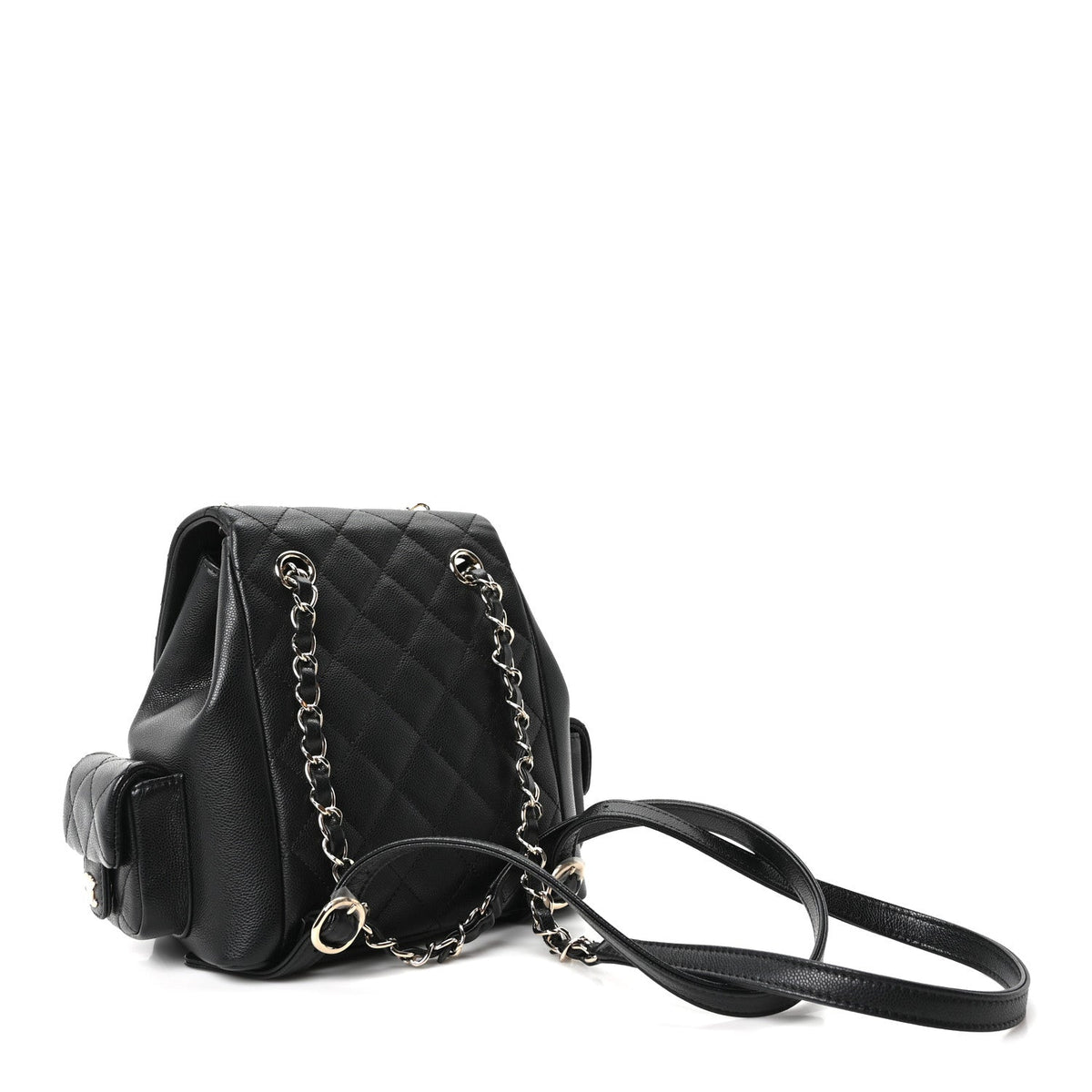 Shiny Caviar Quilted Small Pockets Drawstring Backpack Black