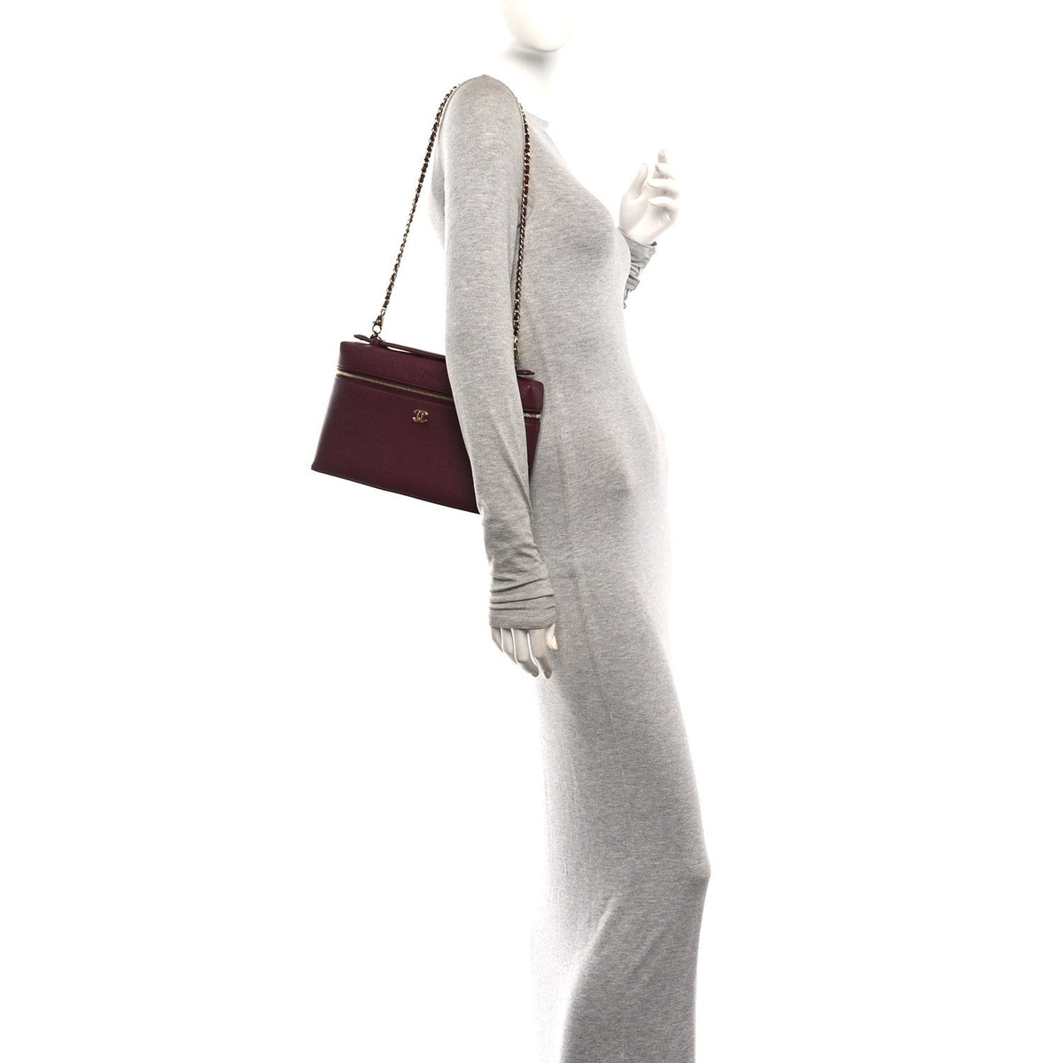 Grained Calfskin Large Supple Trapeze Vanity Case With Chain Dark Burgundy