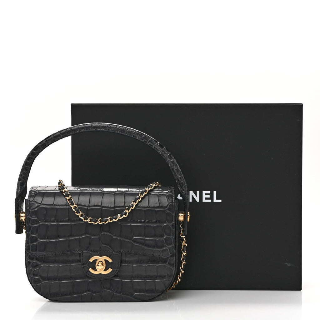 Calfskin Crocodile Embossed Turn Around Mini Flap Dark Grey