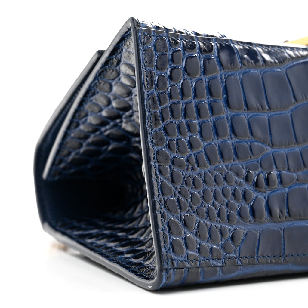 Shiny Calfskin Crocodile Embossed Small Hourglass Top Handle Bag Navy