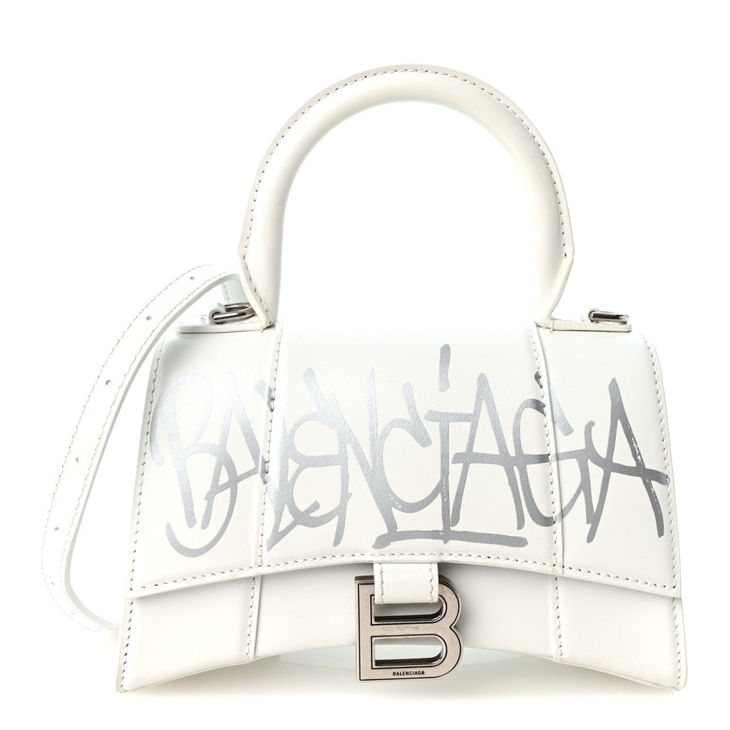 Box Calfskin Graffiti Logo Hourglass Top Handle Bag XS White Light Silver