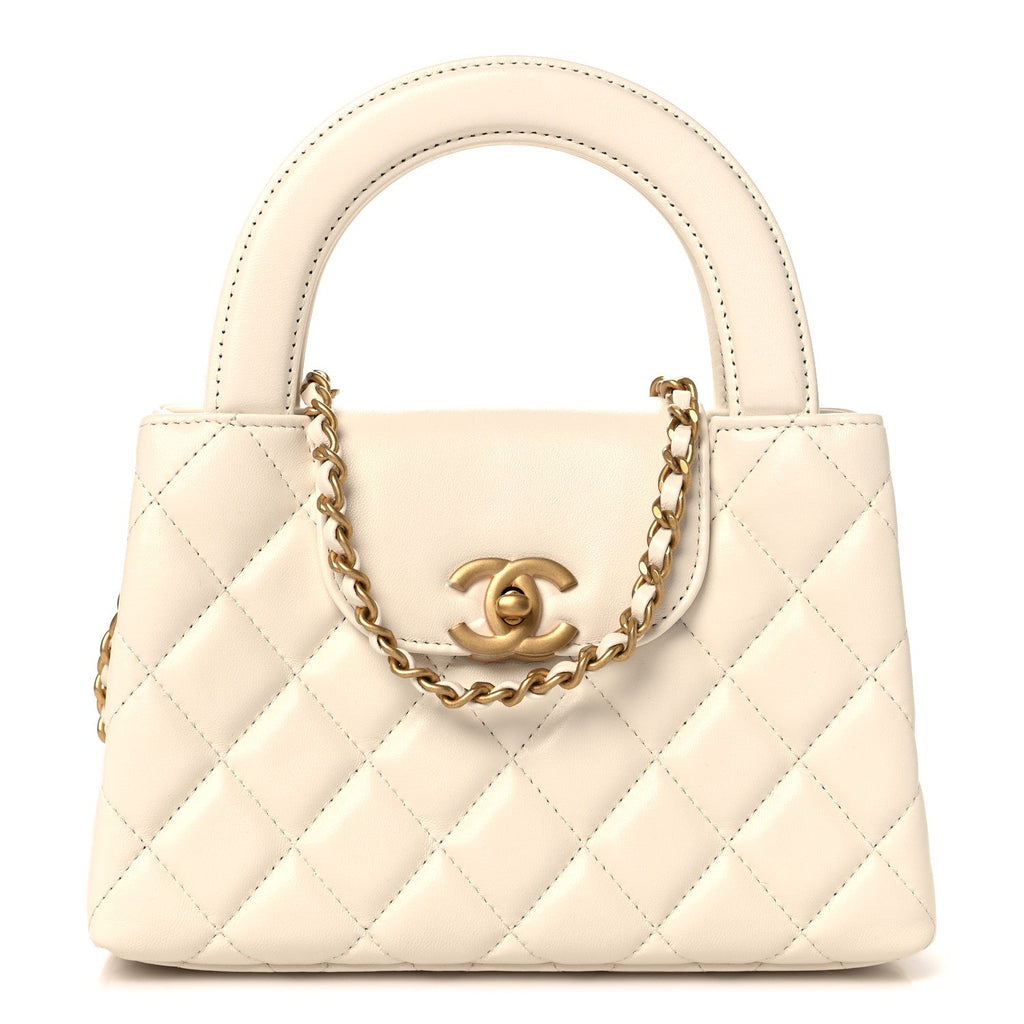 Shiny Aged Calfskin Quilted Nano Kelly Shopper White