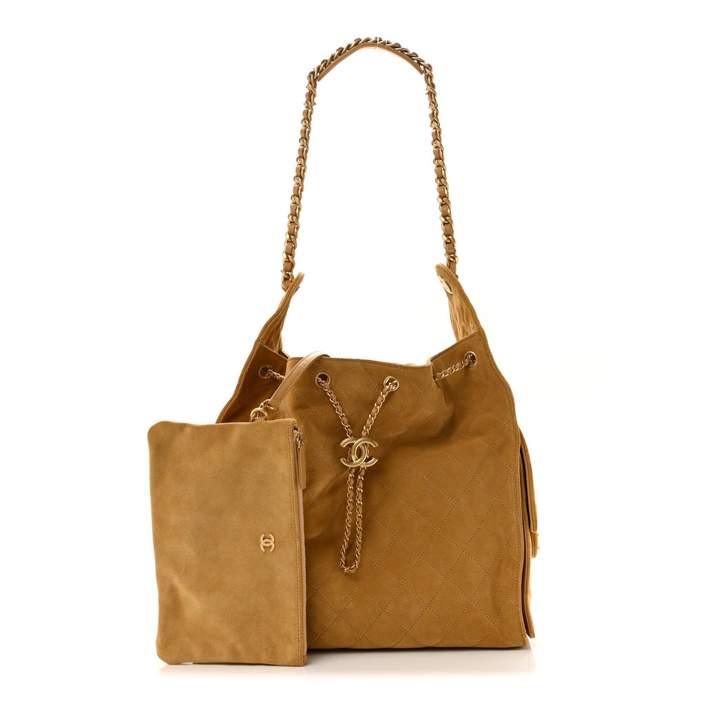 Suede Quilted Medium Chanel 25 Handbag Beige