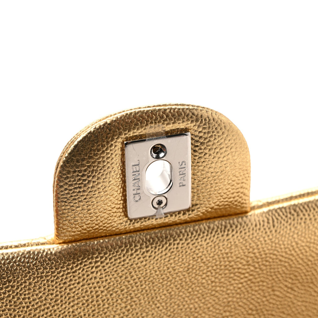 Metallic Caviar Quilted Top Handle East West Flap Gold