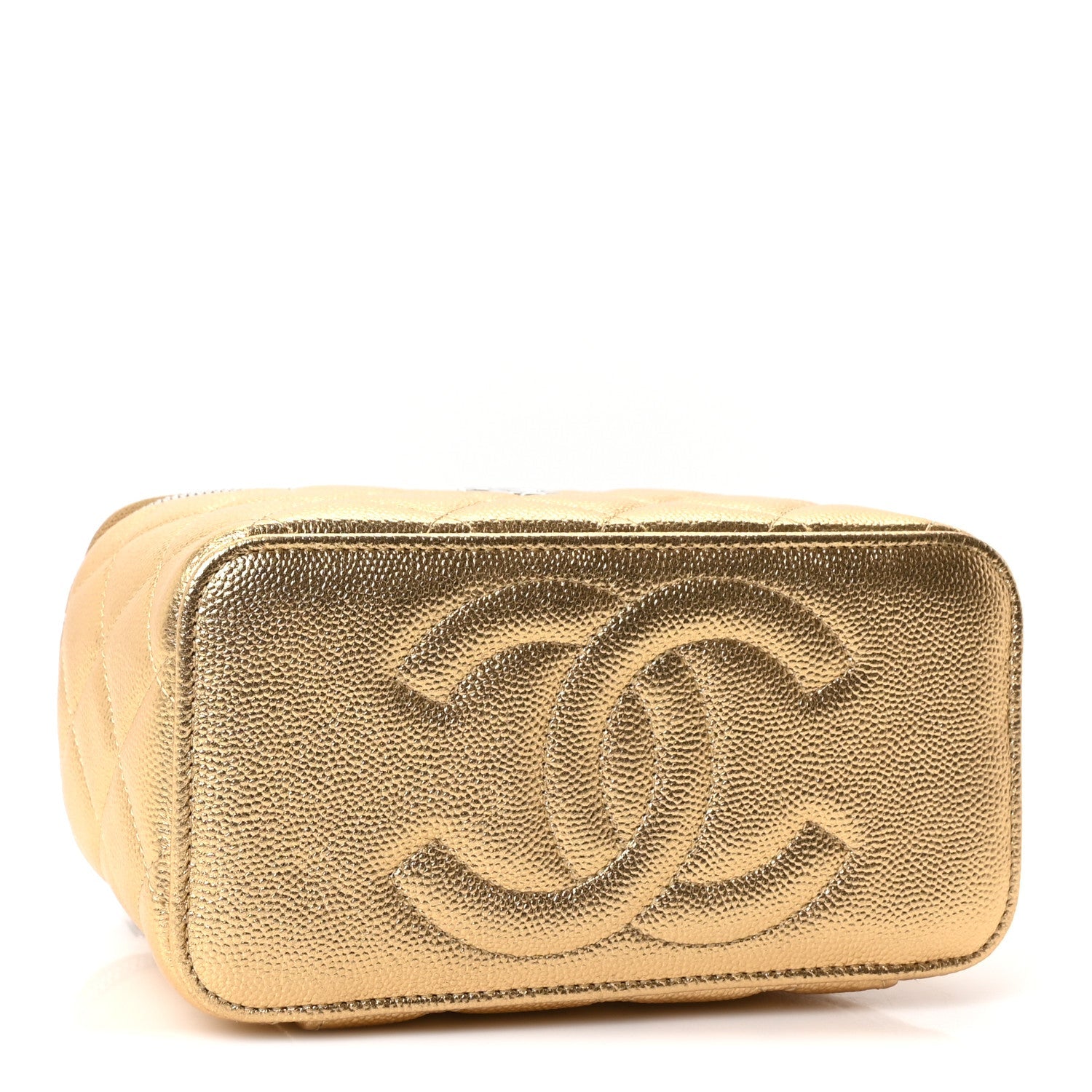 Metallic Caviar Quilted Small Top Handle Vanity Case With Chain Gold