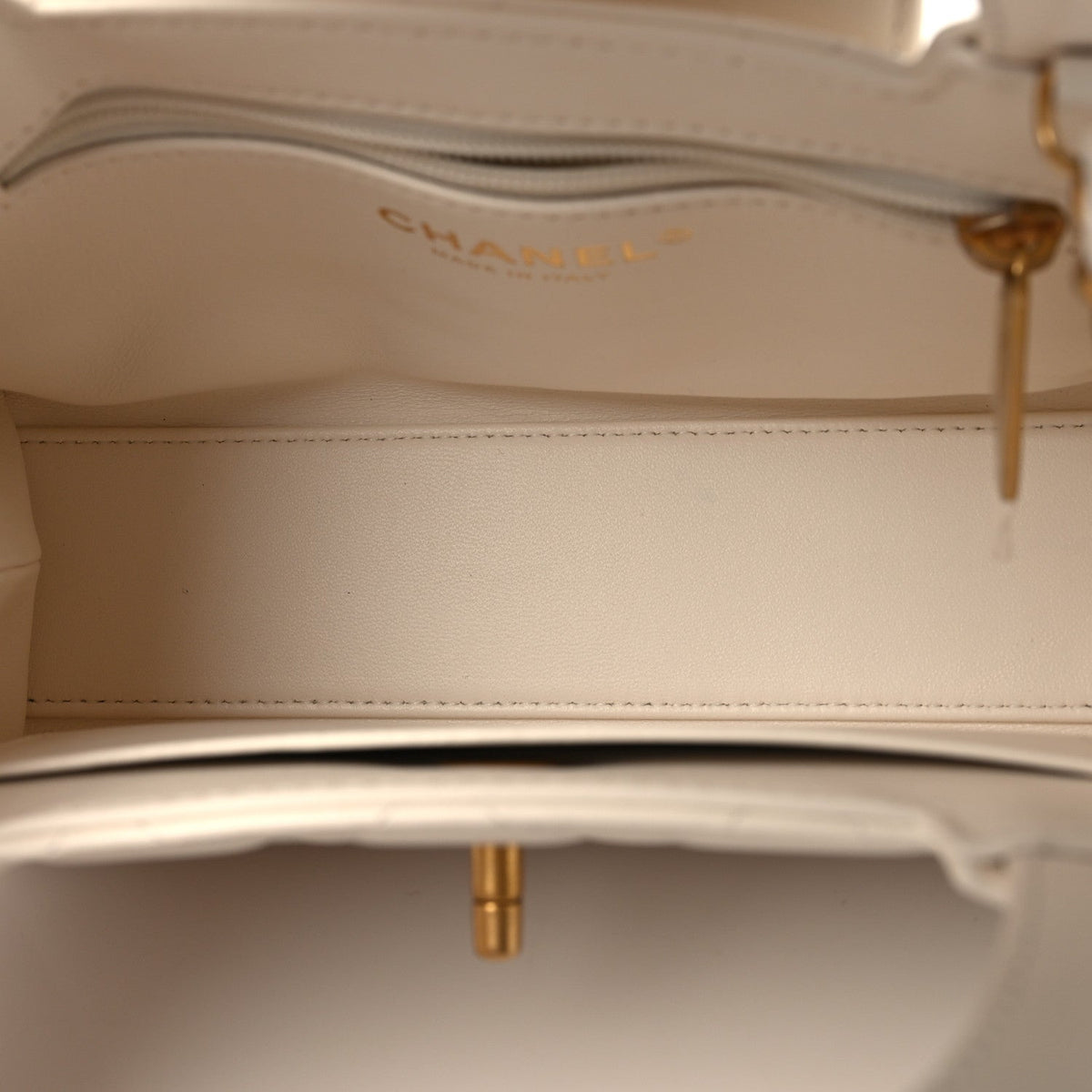 Shiny Aged Calfskin Quilted Nano Kelly Shopper White