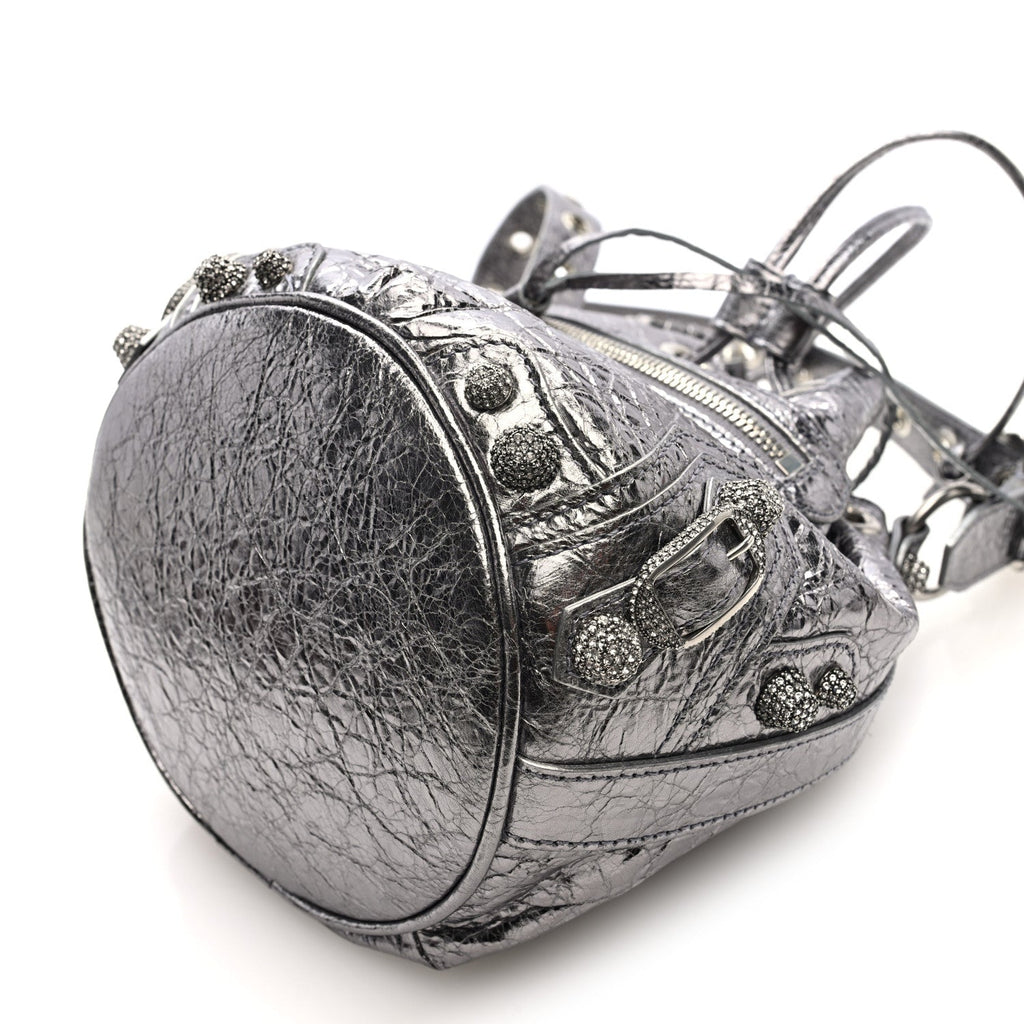 Metallic Agneau Arena Crystal Le Cagole Bucket Bag XS Silver