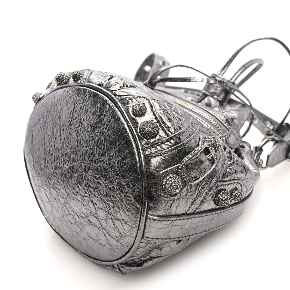 Metallic Agneau Arena Crystal Le Cagole Bucket Bag XS Silver