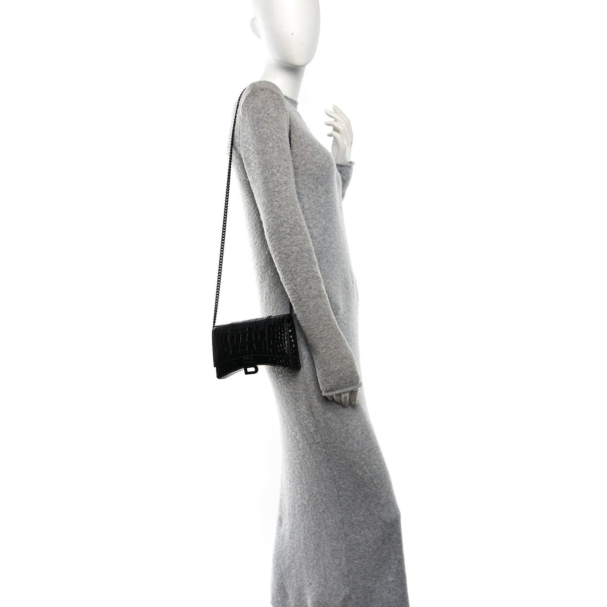 Shiny Calfskin Monochrome Crocodile Embossed Hourglass Chain Bag Black