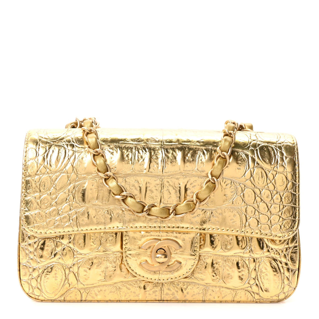 Metallic Calfskin Crocodile Embossed Cocodile Rectangular Mini Flap Gold