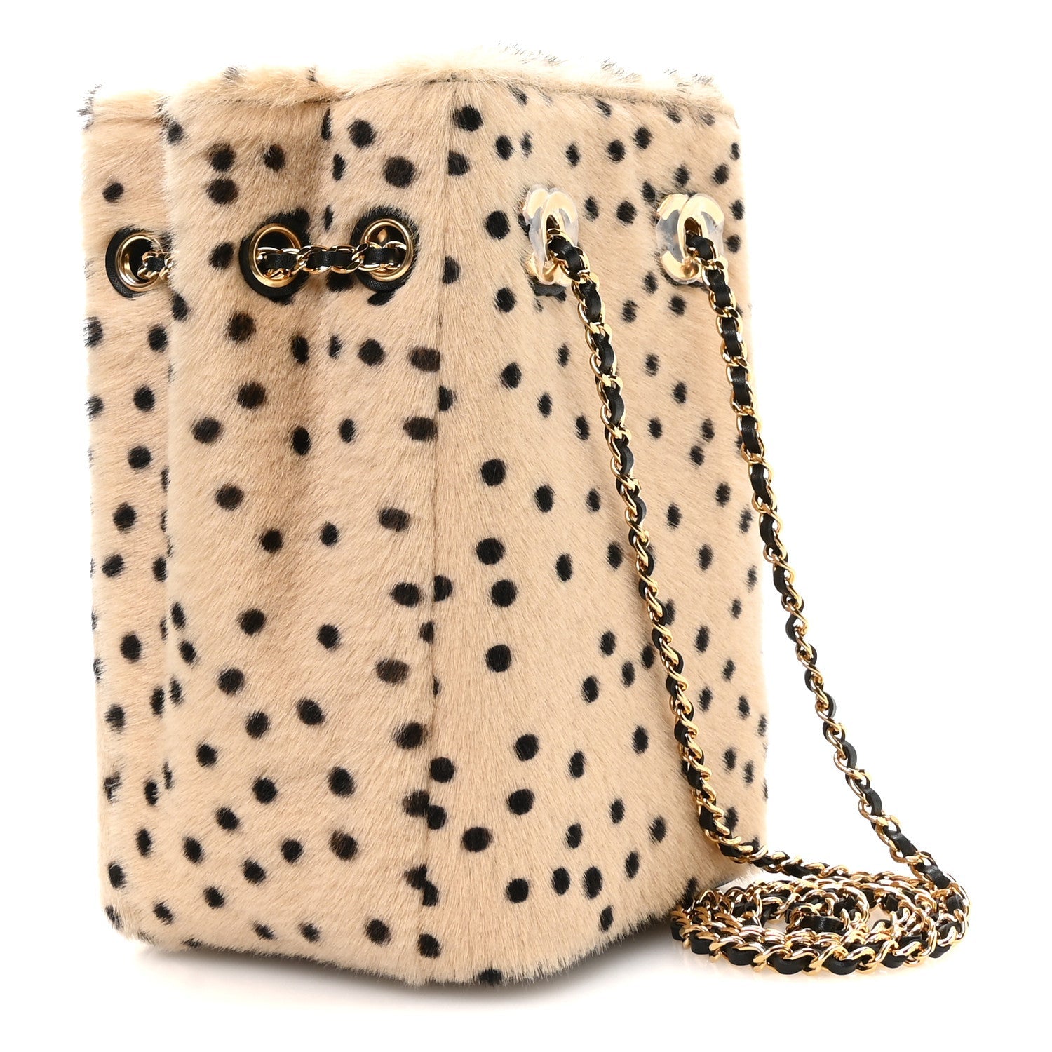 Pony Hair Cheetah Printed CC Chain Bucket Bag Light Beige Black
