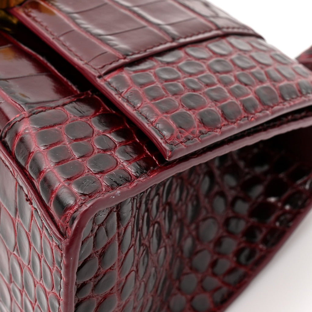 Shiny Calfskin Crocodile Embossed Small Hourglass Top Handle Bag Dark Red