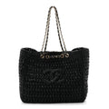 Raffia Effect Calfskin Coco Beach Shopping Tote Black