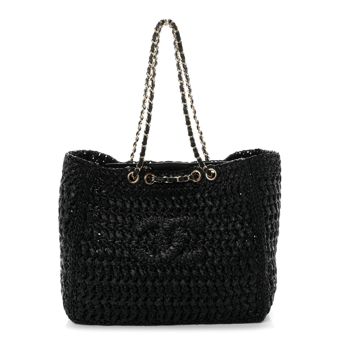 Raffia Effect Calfskin Coco Beach Shopping Tote Black