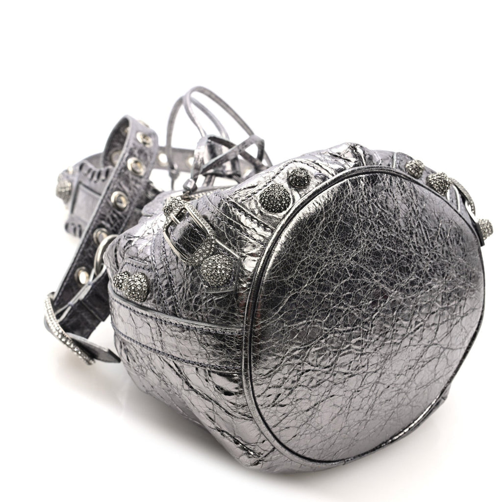 Metallic Agneau Arena Crystal Le Cagole Bucket Bag XS Silver