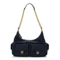 Washed Denim Quilted Maxi Trendy Pockets Hobo Dark Blue