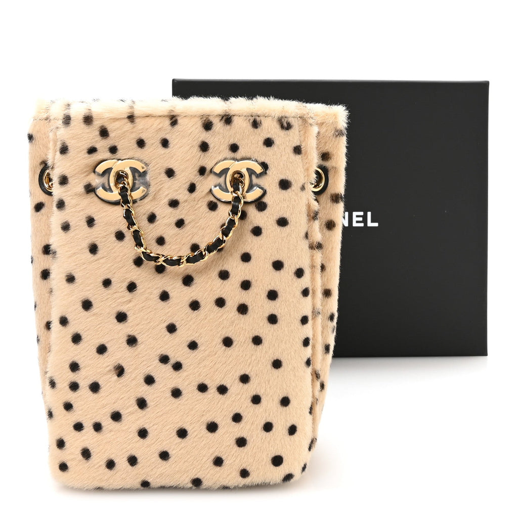 Pony Hair Cheetah Printed CC Chain Bucket Bag Light Beige Black