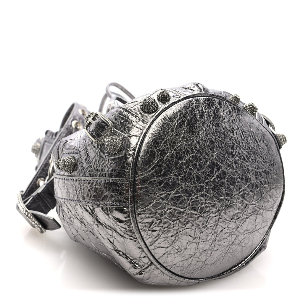 Metallic Agneau Arena Crystal Le Cagole Bucket Bag XS Silver