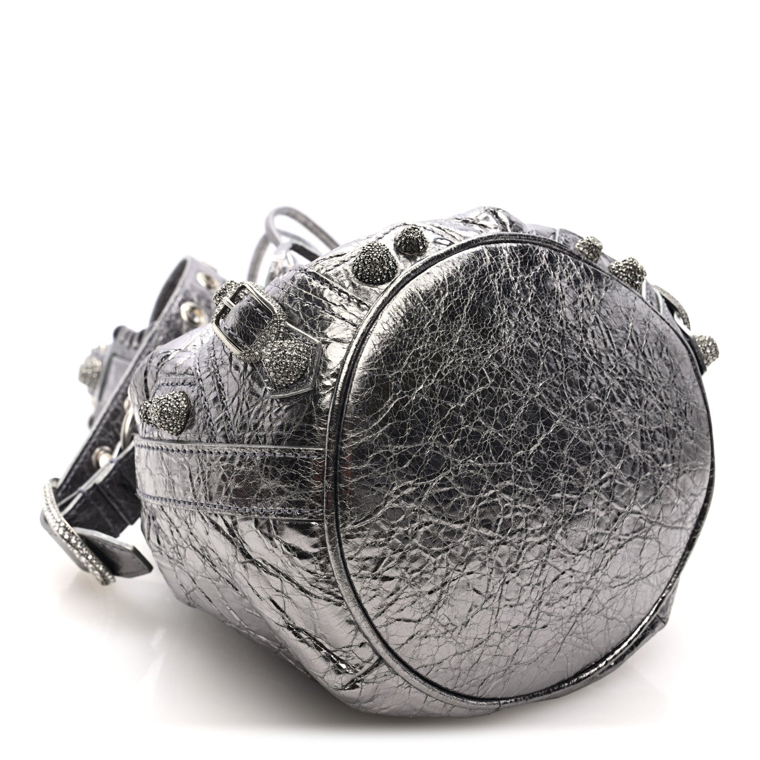 Metallic Agneau Arena Crystal Le Cagole Bucket Bag XS Silver