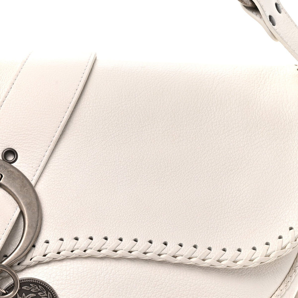 Pebbled Calfskin Braided Gaucho Double Saddle Flap Bag White
