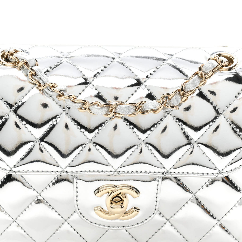 Mirror Calfskin Metallic Calfskin Quilted Hollywood Boulevard Mini Flap With Star Coin Purse Silver