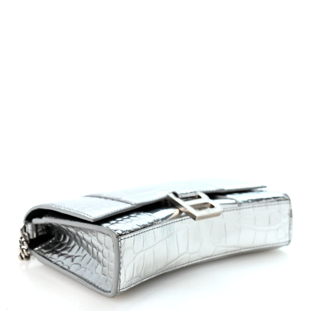 Metallic Calfskin Crocodile Embossed Hourglass Chain Bag Silver