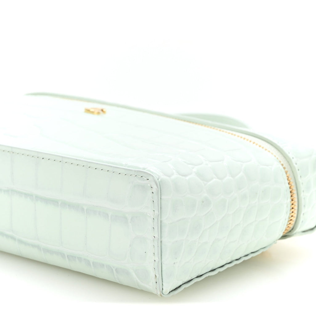 Calfskin Crocodile Embossed Crococo Top Handle Slim Vanity Case With Chain Light Blue
