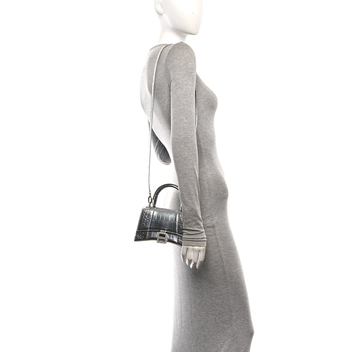 Metallic Calfskin Crocodile Embossed Crystal Hourglass Top Handle Bag XS Silver