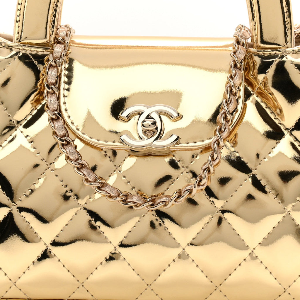 Mirror Calfskin Metallic Calfskin Quilted Nano Kelly Shopper Gold