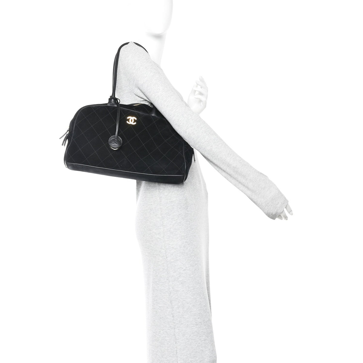 Suede Calfskin Large Perfect Bowling Bag Black