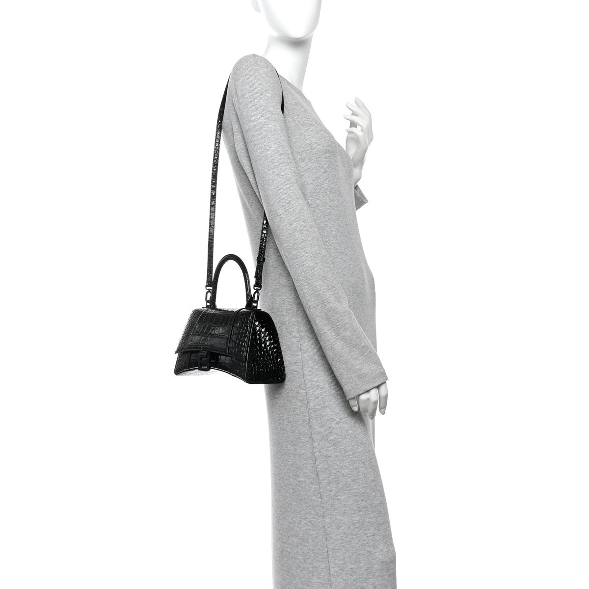 Shiny Calfskin Monochrome Crocodile Embossed Small Hourglass Top Handle Bag Black