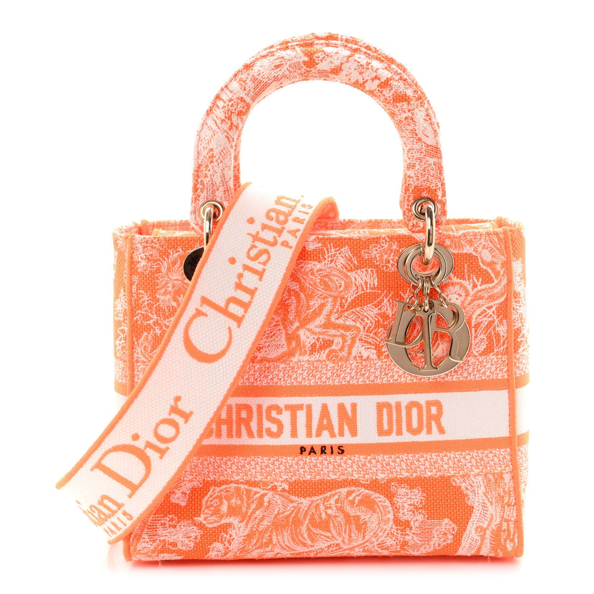 Canvas Toile De Jouy Reverse Embroidered Medium Lady D-Lite Fluorescent Orange