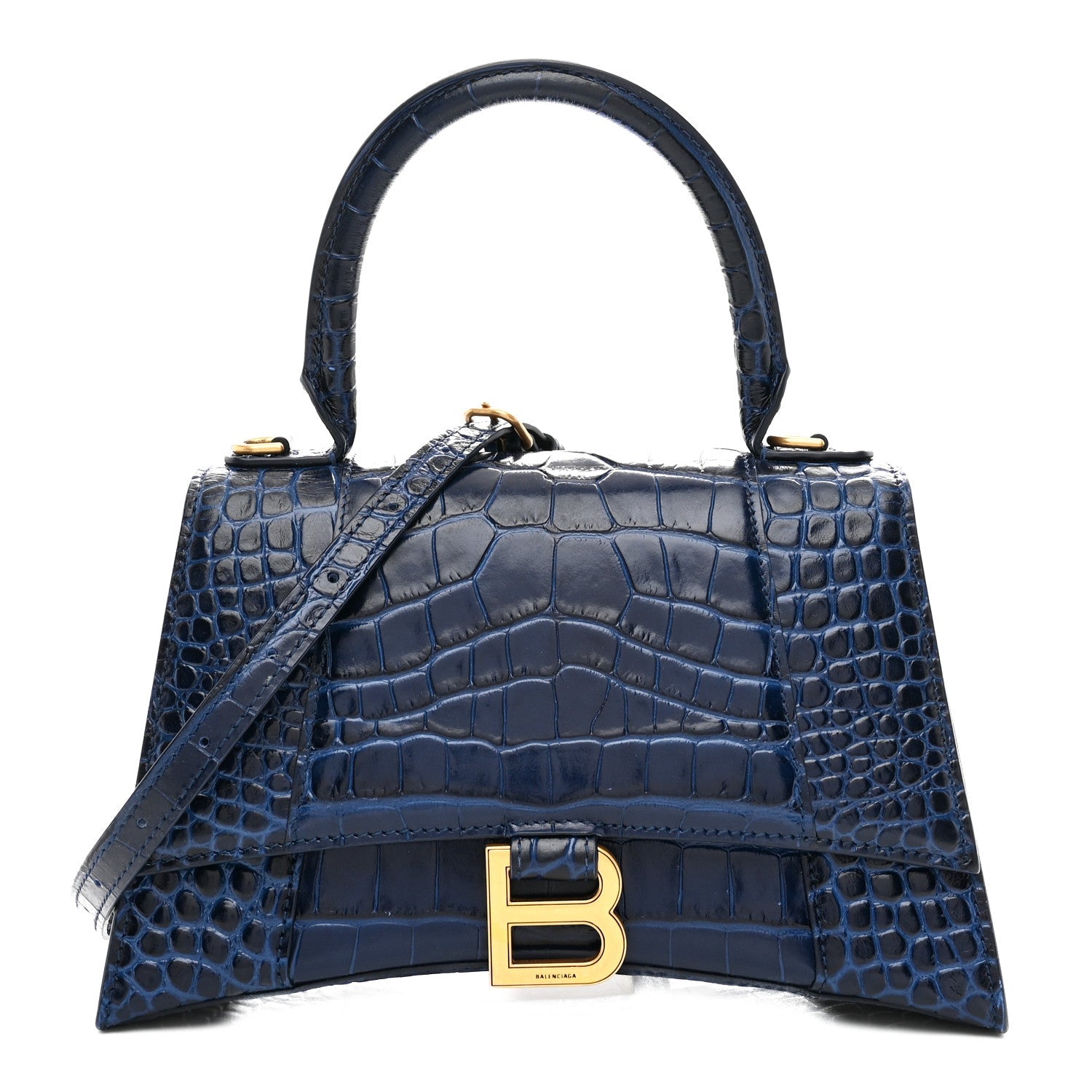 Shiny Calfskin Crocodile Embossed Small Hourglass Top Handle Bag Navy