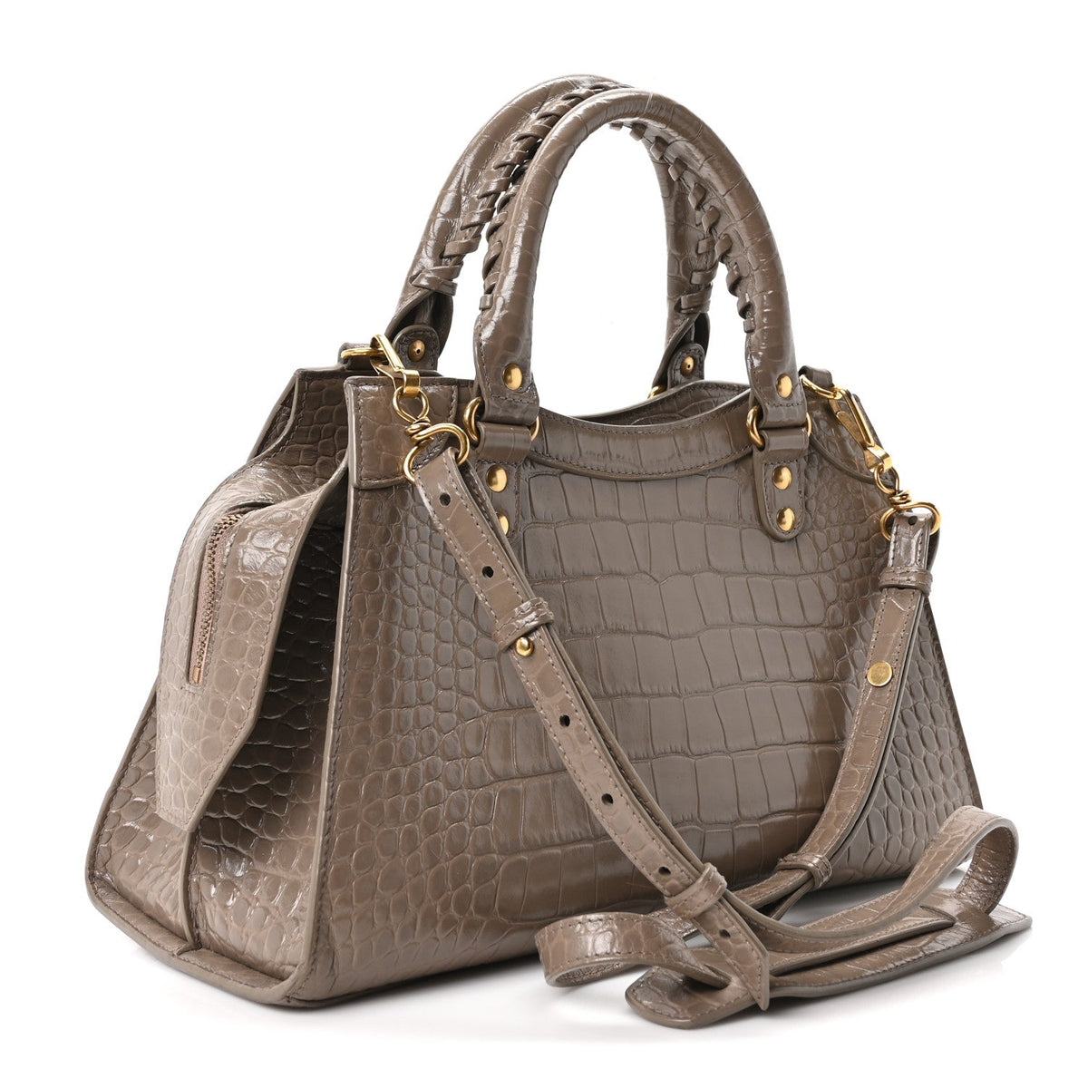 Shiny Supple Calfskin Crocodile Embossed Neo Classic Gold Hardware S City Mink Grey