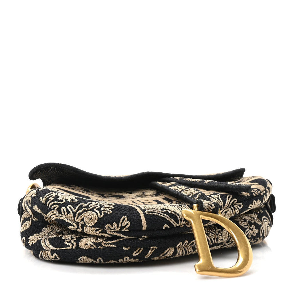 Canvas Embroidered Ornamental Cornely Saddle Bag Black Beige
