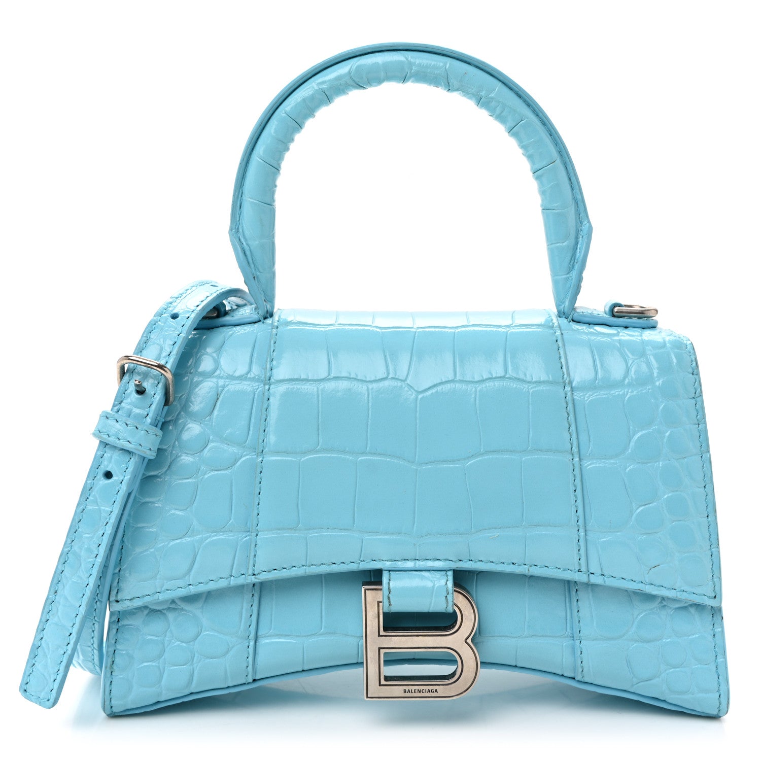 Shiny Calfskin Crocodile Embossed Hourglass Top Handle Bag XS Azur