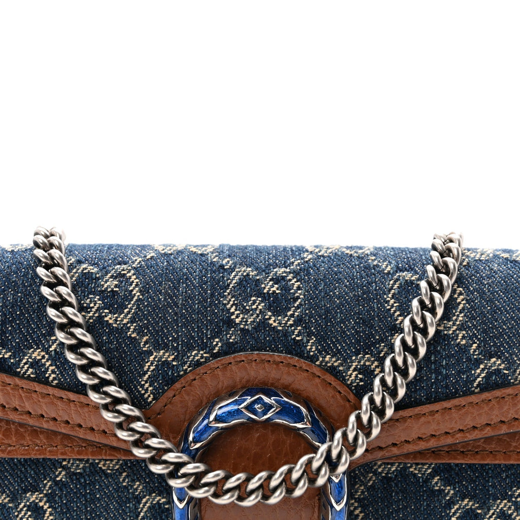 New Denim GG Monogram Dollar Calfskin Enamel Super Mini Dionysus Shoulder Bag Blue Tea Cuir Epilog Electric Blue