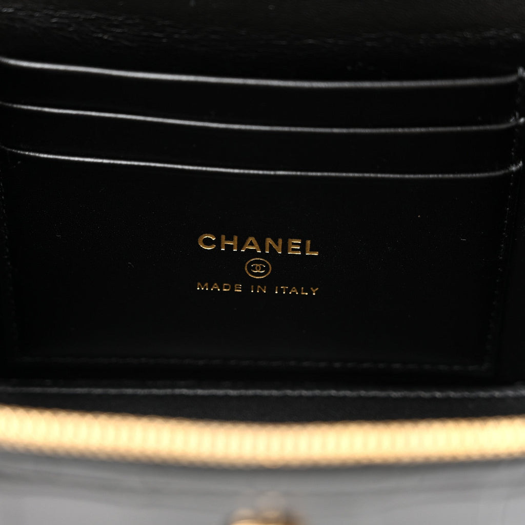 Calfskin Crocodile Embossed Crococo Small Top Handle Vanity Case With Chain Black