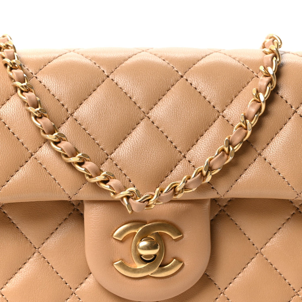 Lambskin Quilted Mini Rectangular Pearl Crush Flap Dark Beige