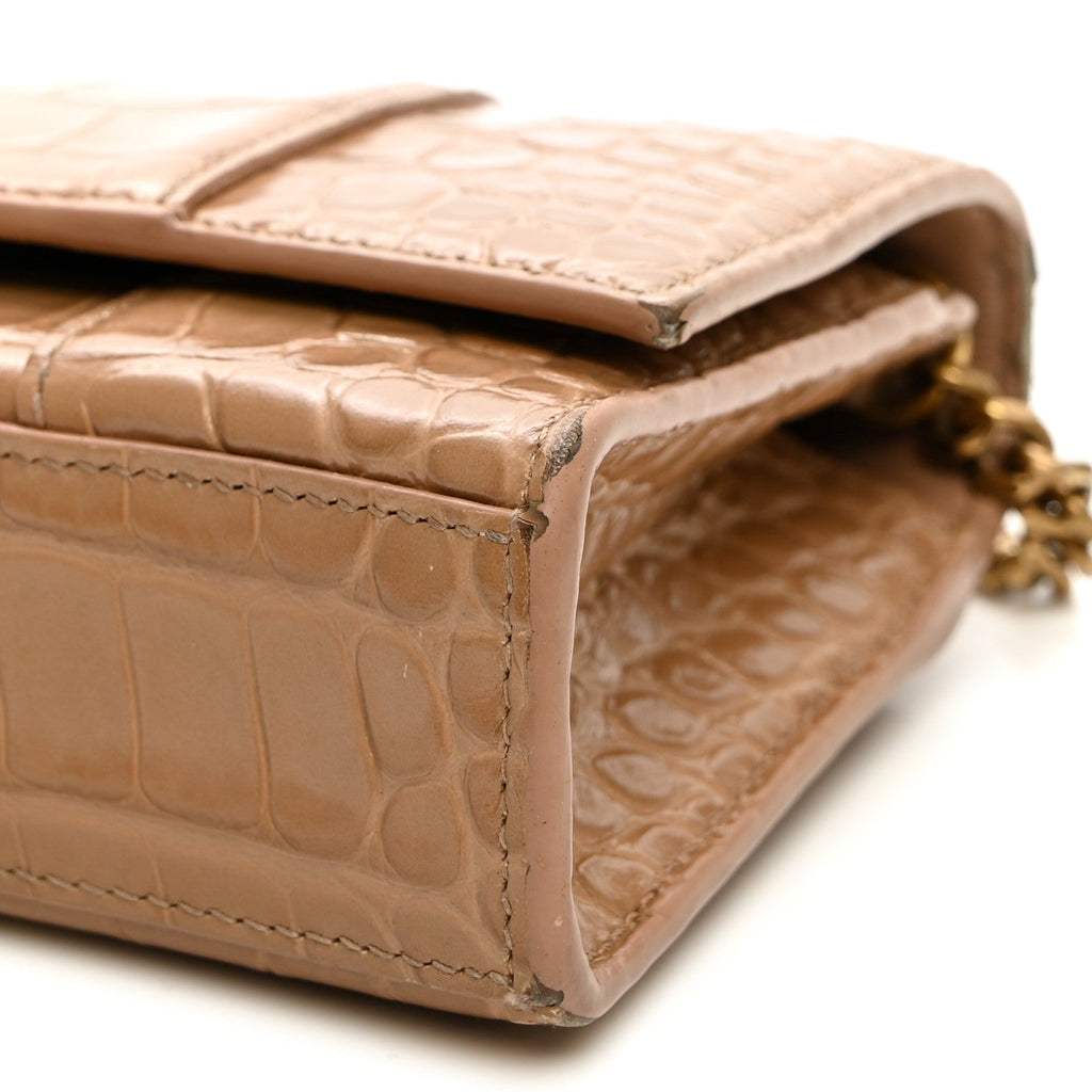 Shiny Calfskin Crocodile Embossed Hourglass Chain Bag Nude Beige