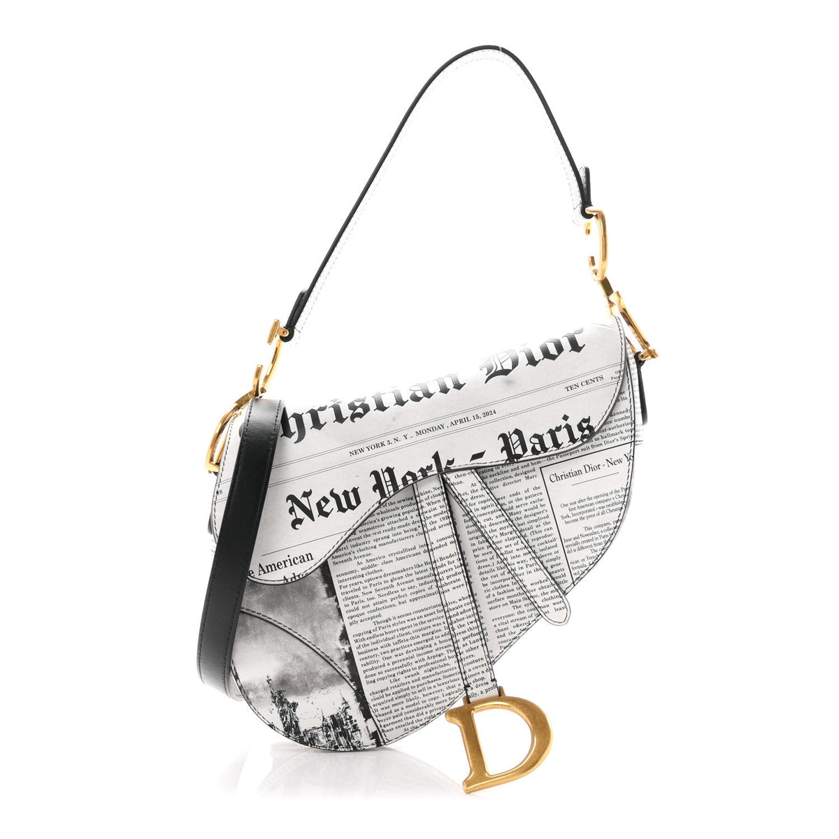 Calfskin Newspaper Printed Saddle Bag With Strap Black White