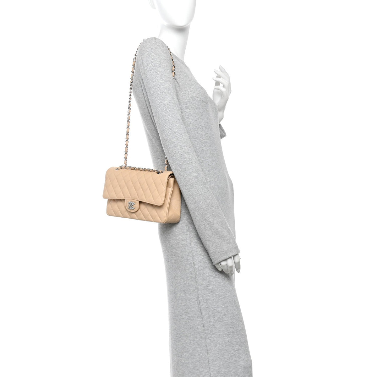 Caviar Quilted Medium Double Flap Beige