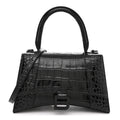 Shiny Calfskin Monochrome Crocodile Embossed Small Hourglass Top Handle Bag Black