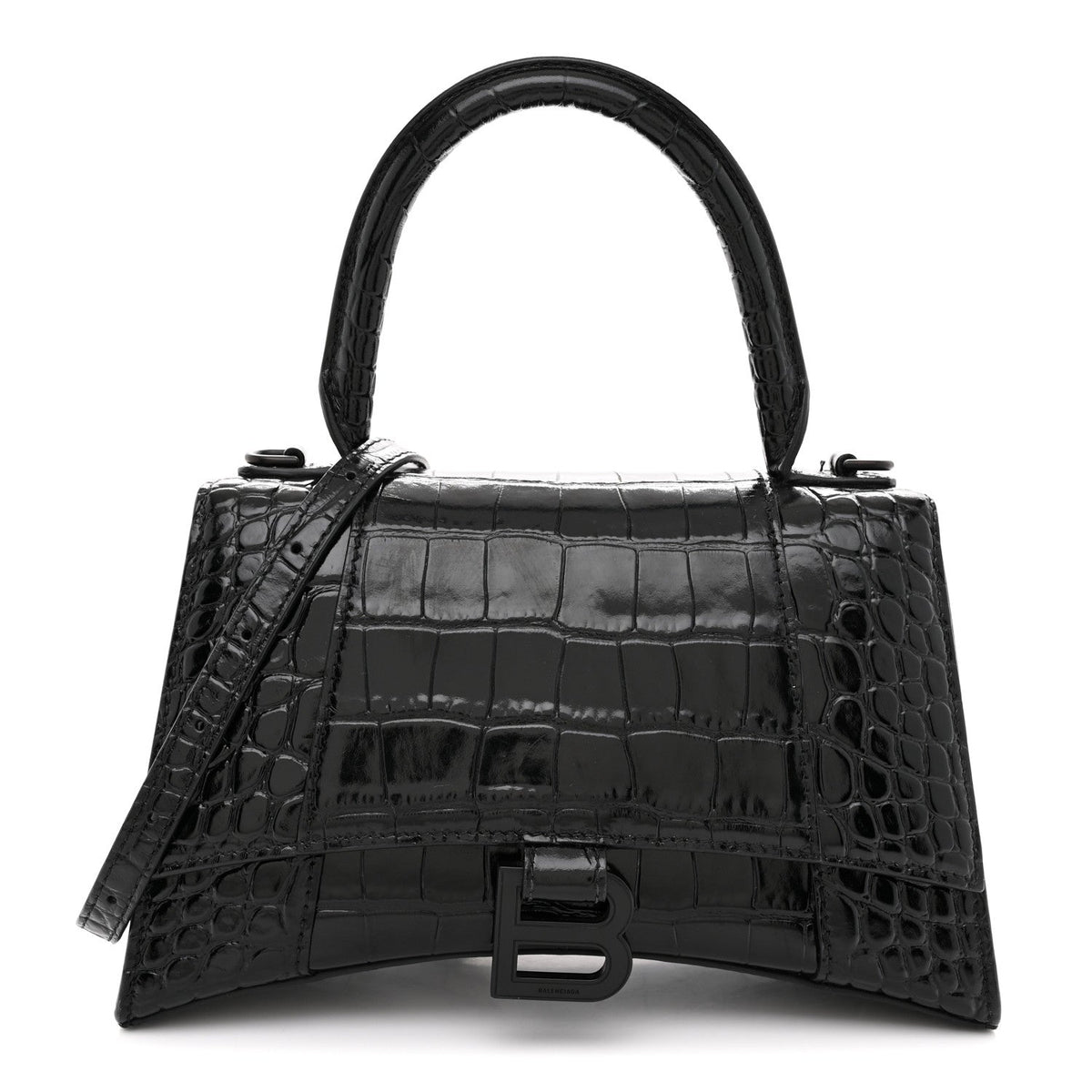Shiny Calfskin Monochrome Crocodile Embossed Small Hourglass Top Handle Bag Black