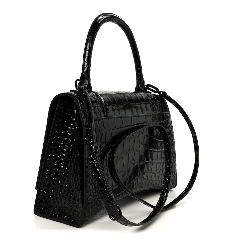Shiny Calfskin Monochrome Crocodile Embossed Medium Hourglass Top Handle Bag Black
