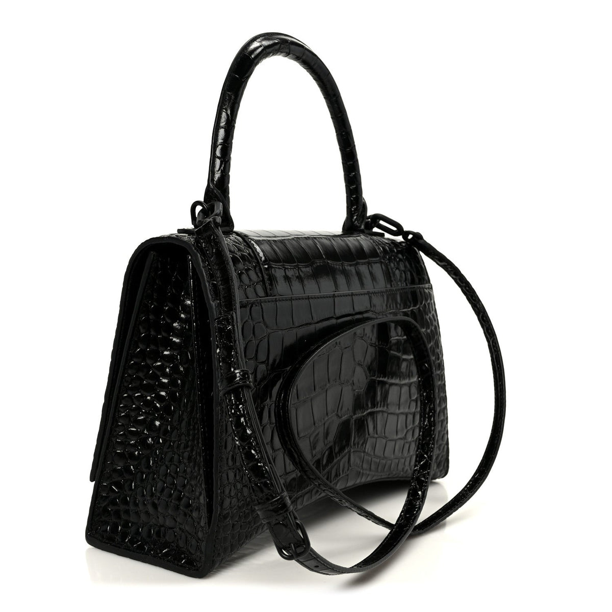 Shiny Calfskin Monochrome Crocodile Embossed Medium Hourglass Top Handle Bag Black