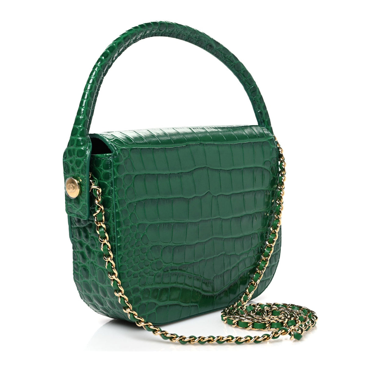 Crocodile Embossed Calfskin Turn Around Mini Flap Bag With Top Handle  Green